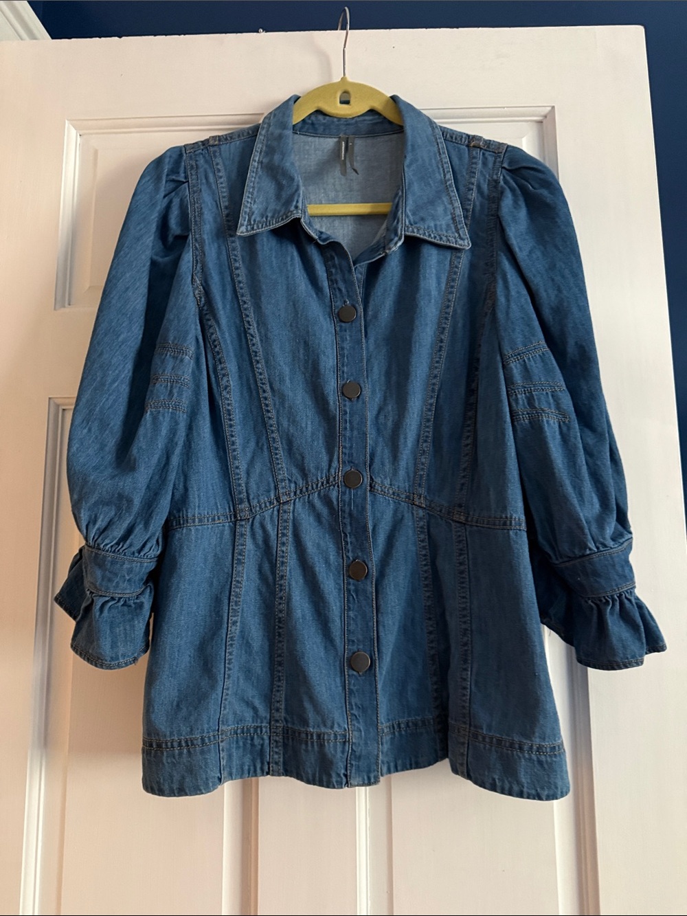 Anthropologie Medium Blue Denim Jacket with Puff Sleeves